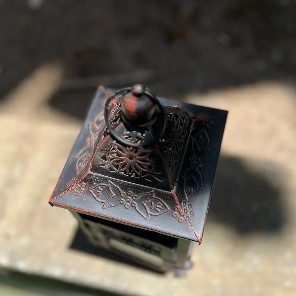 Small Black and Red Metal Lantern Candle Holder